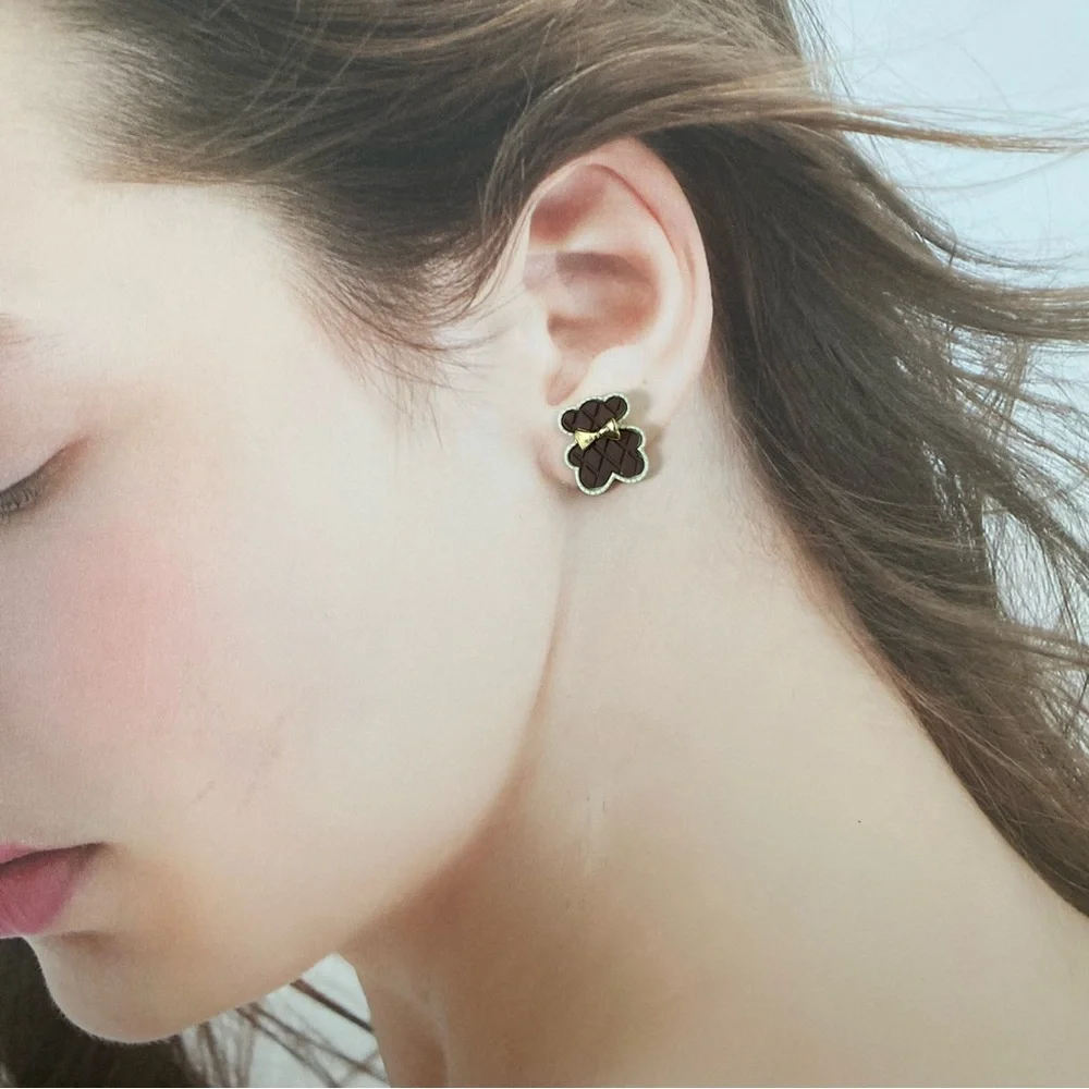 4/$15 Cute Brown Bear with Gold Bow Stud Earrings